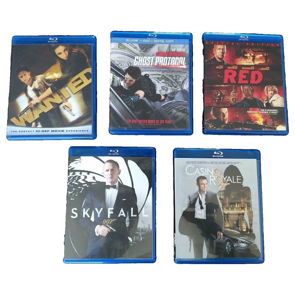 Action Spy Blu-Ray Movie Lot of 5 DVD 007 CIA Skyfall Red Wanted Ghost Protocol+
